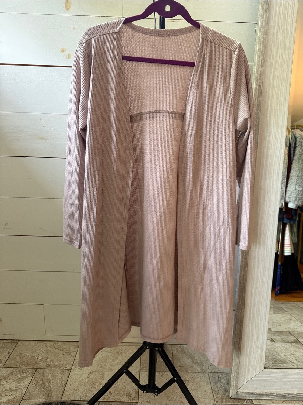 Women’s Long Open-Front Ribbed Cardigan - Blush